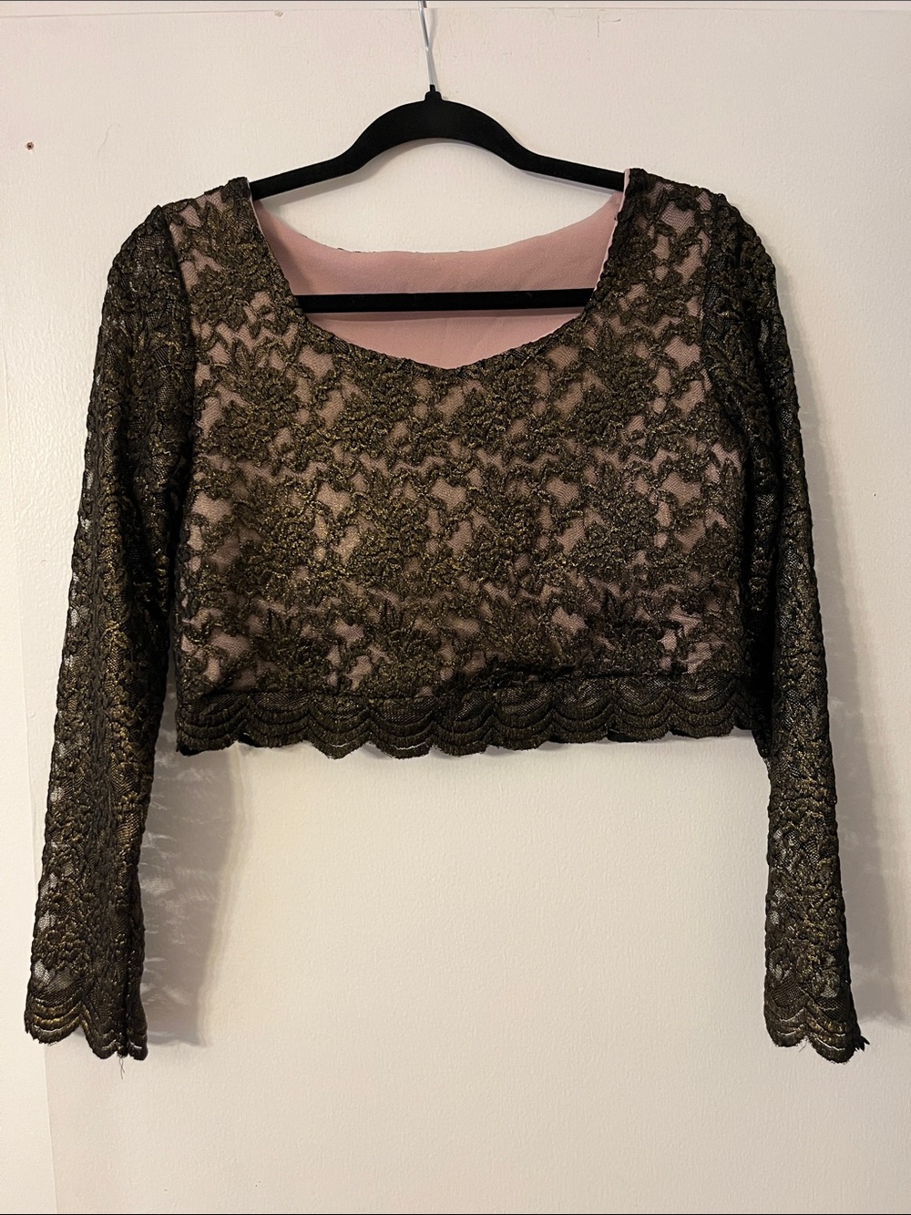 Black and Gold Lace Cropped Blouse with Pink Lining